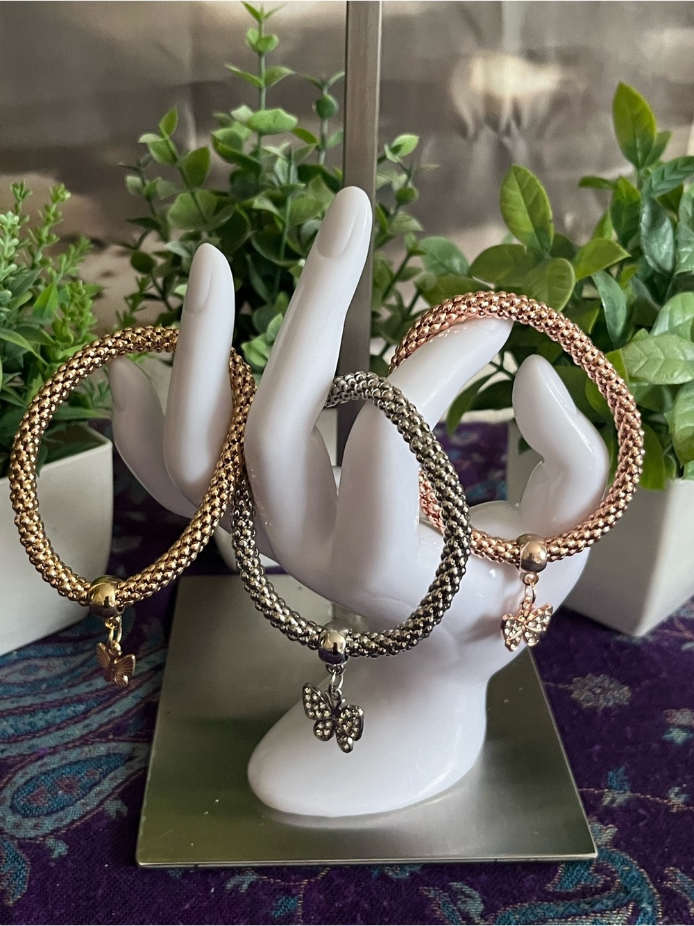 Women's Braided Hoop Charm Bracelets- Gold, Silver, Rose Gold Tones set of 3